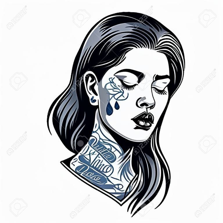 Vintage bella ragazza chicano con tatuaggi sul viso e sul collo isolato illustrazione vettoriale