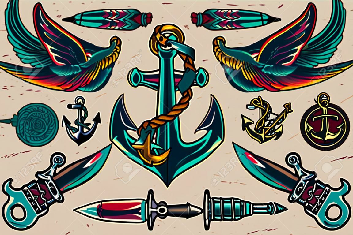 Vintage colorful flash tattoos collection with swallows sharp knives tattoo machine ship anchor isolated vector illustration