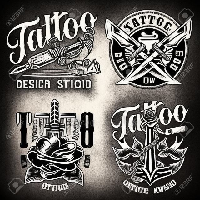 Vintage tattoo studio monochrome labels with tattoo machine crossed military knives anchor flying swallows rose pierced with knife isolated vector illustration