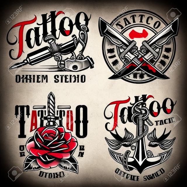 Vintage tattoo studio monochrome labels with tattoo machine crossed military knives anchor flying swallows rose pierced with knife isolated vector illustration