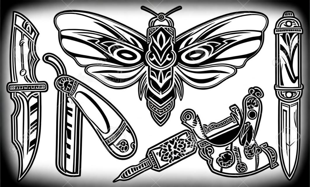 Vintage elegant flash tattoos composition with butterfly knives straight razor professional tattoo machine in monochrome style isolated vector illustration