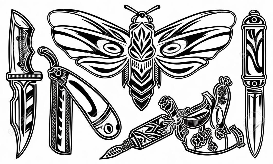 Vintage elegant flash tattoos composition with butterfly knives straight razor professional tattoo machine in monochrome style isolated vector illustration