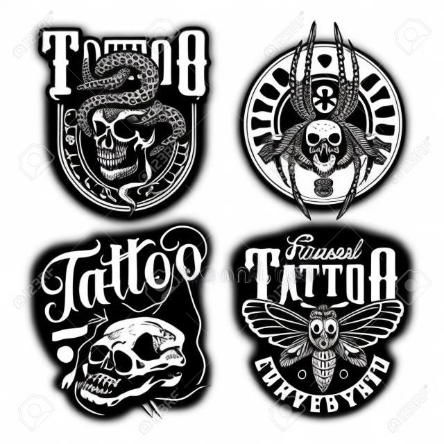 Emblèmes de salon de tatouage vintage avec crâne de chat et serpent enlacés avec un crâne dans un style monochrome isolé illustration vectorielle