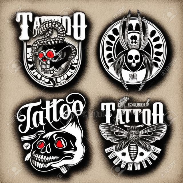 Vintage tattoo salon emblems with cross spider spooky death head moth cat skull and snake entwined with skull in monochrome style isolated vector illustration