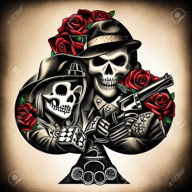 Vintage chicano tattoo template with girl in scary mask gangster skeleton holding revolver dice brass knuckles money packs rose flowers playing cards isolated vector illustration