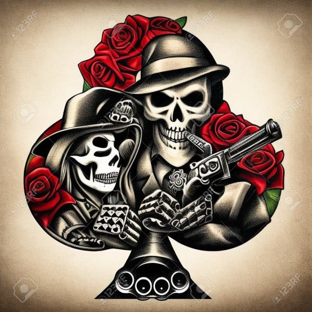 Vintage Chicano Tattoo-Vorlage mit Mädchen in gruseliger Maske Gangster-Skelett mit Revolverwürfel Schlagring Geldpackungen Rosenblüten Spielkarten isolierte Vektorillustration