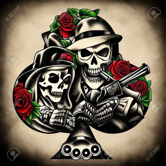 Szablon tatuażu Vintage chicano z dziewczyną w strasznej masce gangstera szkieletu trzymającego rewolwer w kości mosiężne kastety paczki pieniędzy róża kwiaty karty do gry na białym tle ilustracji wektorowych