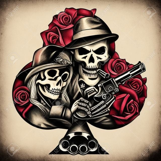 Vintage chicano tattoo template with girl in scary mask gangster skeleton holding revolver dice brass knuckles money packs rose flowers playing cards isolated vector illustration