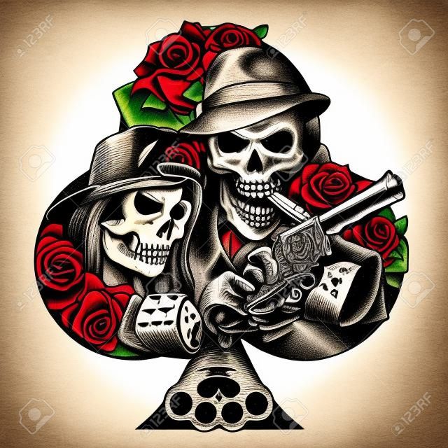 Vintage Chicano Tattoo-Vorlage mit Mädchen in gruseliger Maske Gangster-Skelett mit Revolverwürfel Schlagring Geldpackungen Rosenblüten Spielkarten isolierte Vektorillustration