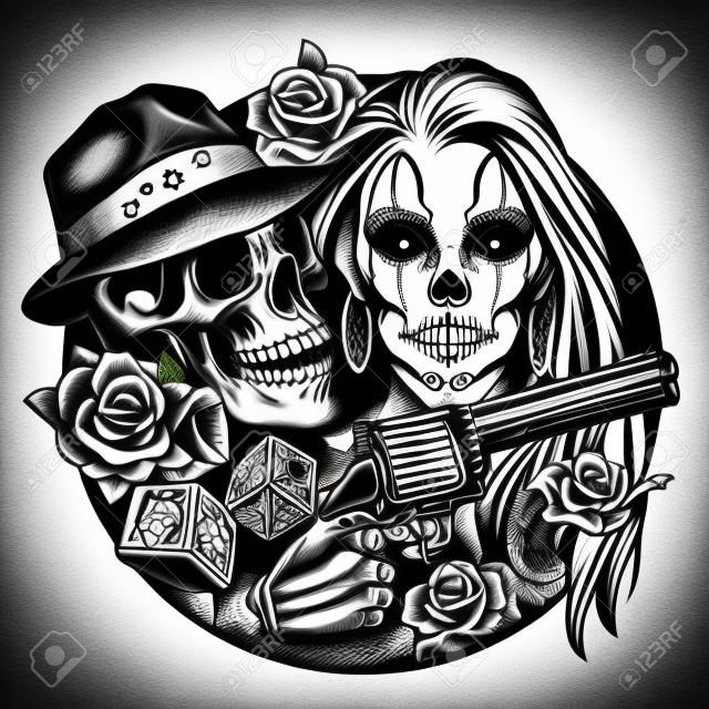 Vintage monochromatyczne chicano tatuaż okrągły koncepcja z atrakcyjną dziewczyną gangstera czaszki szkielet ręki trzymającej pistolet róże kości trujący wąż ilustracja na białym tle wektor