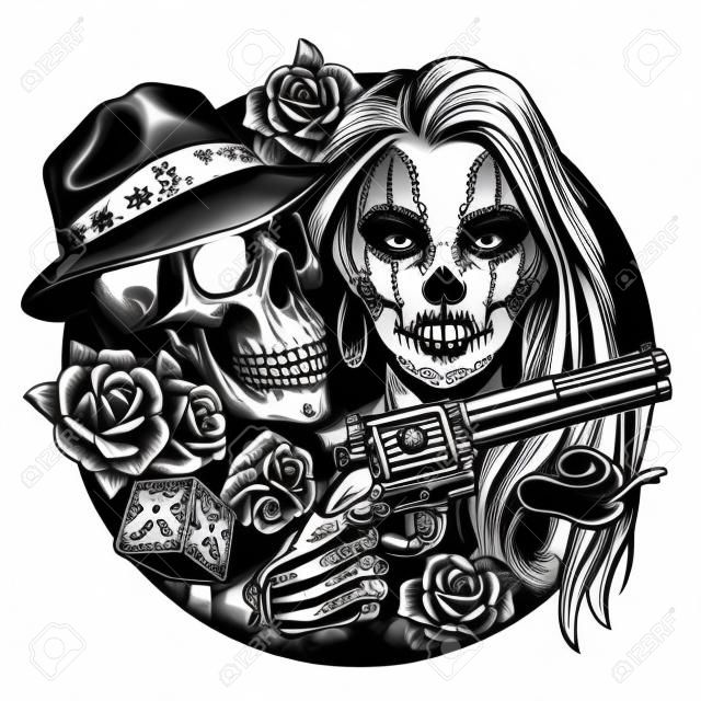 Vintage monochromatyczne chicano tatuaż okrągły koncepcja z atrakcyjną dziewczyną gangstera czaszki szkielet ręki trzymającej pistolet róże kości trujący wąż ilustracja na białym tle wektor