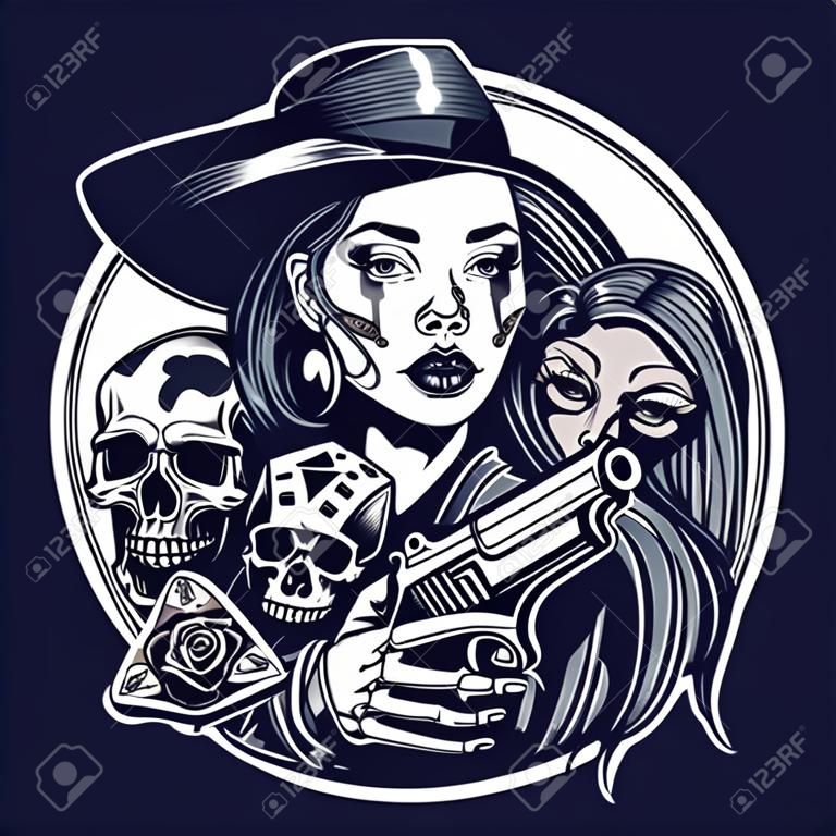 Vintage monochrome chicano tattoo round concept with attractive girl gangster skull skeleton hand holding gun roses dice poisonous snake isolated vector illustration
