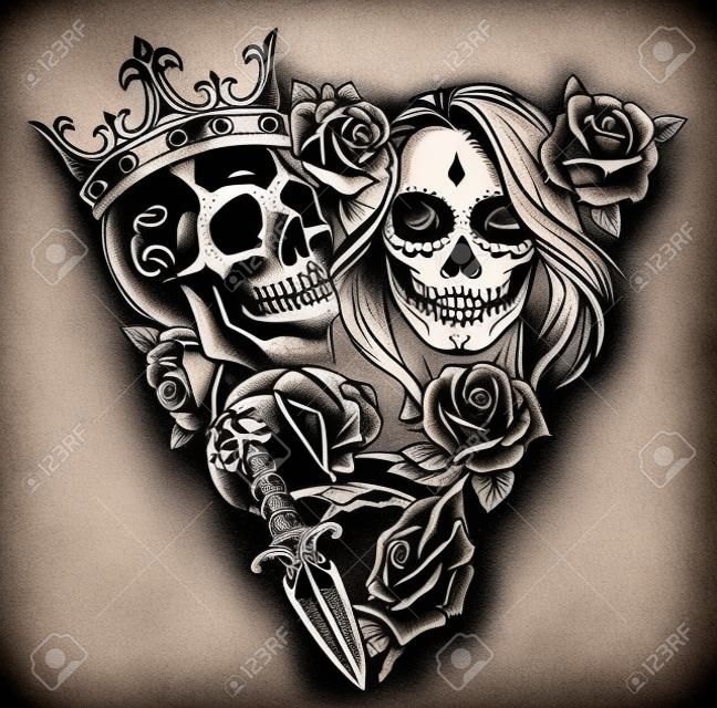 Koncepcja tatuażu Vintage chicano w kształcie trójkąta z czaszką w koronie węża sztylet szkielet ręka trzyma głowę róży i dziewczyny z cukrową czaszką makijaż na białym tle ilustracji wektorowych