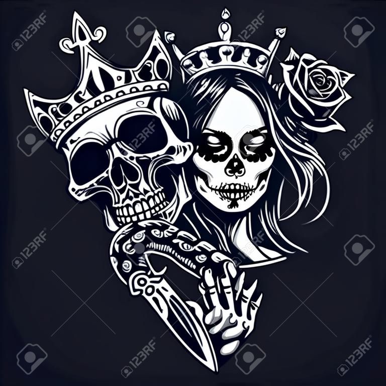 Koncepcja tatuażu Vintage chicano w kształcie trójkąta z czaszką w koronie węża sztylet szkielet ręka trzyma głowę róży i dziewczyny z cukrową czaszką makijaż na białym tle ilustracji wektorowych