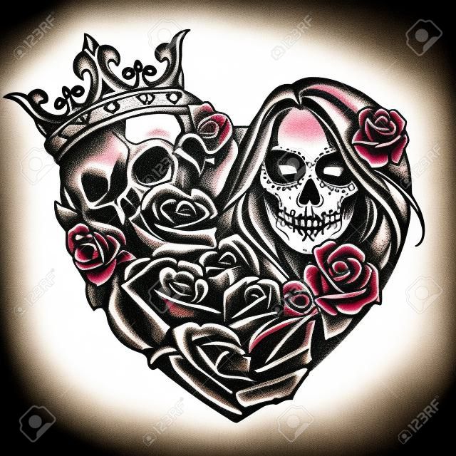Chicano style tattoo template in heart shape with skull in crown dice dagger snake skeleton hand holding rose girl with Day of Dead makeup in vintage style isolated illustration