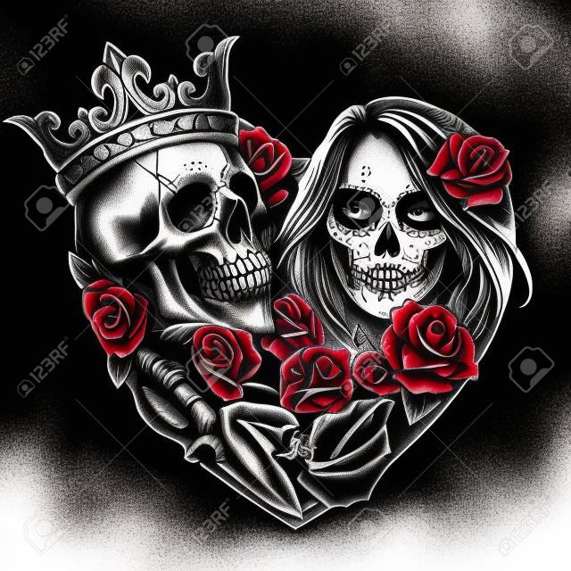 Modello di tatuaggio stile chicano a forma di cuore con teschio in corona dadi pugnale scheletro serpente mano che tiene ragazza rosa con trucco del giorno dei morti in stile vintage illustrazione isolata