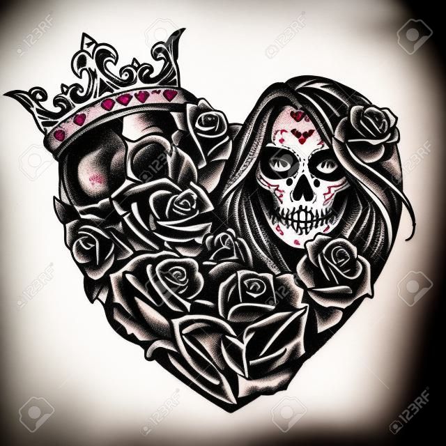 Plantilla de tatuaje de estilo chicano en forma de corazón con calavera en corona daga daga serpiente esqueleto mano sosteniendo a niña rosa con maquillaje del Día de Muertos en estilo vintage aislado ilustración