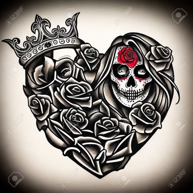 Modelo de tatuagem estilo chicano em forma de coração com crânio na coroa dados dagger cobra esqueleto mão segurando rosa menina com o dia da maquiagem morta no estilo vintage ilustração isolada