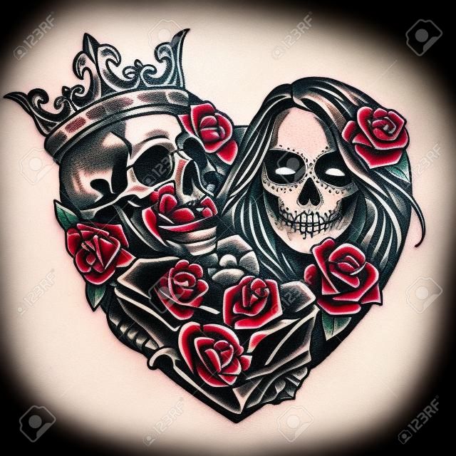 Szablon tatuażu w stylu Chicano w kształcie serca z czaszką w kości korony sztylet wąż szkielet ręka trzyma róża dziewczyna z makijażem Day of Dead w stylu vintage na białym tle ilustracji