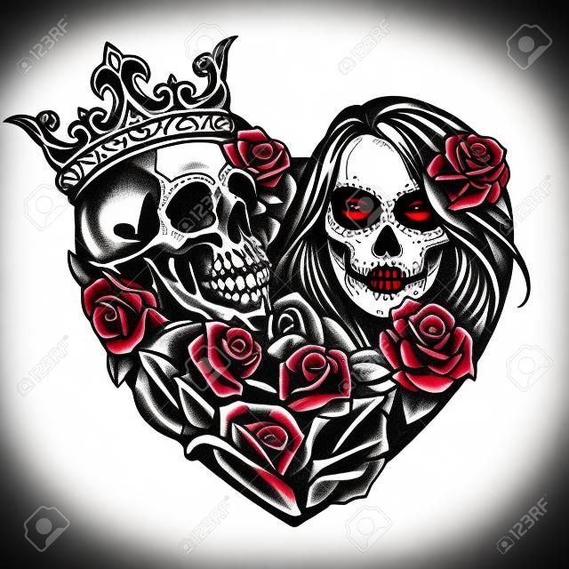Plantilla de tatuaje de estilo chicano en forma de corazón con calavera en corona daga daga serpiente esqueleto mano sosteniendo a niña rosa con maquillaje del Día de Muertos en estilo vintage aislado ilustración
