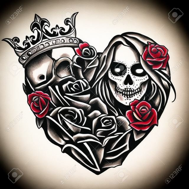 Chicano style tattoo template in heart shape with skull in crown dice dagger snake skeleton hand holding rose girl with Day of Dead makeup in vintage style isolated illustration