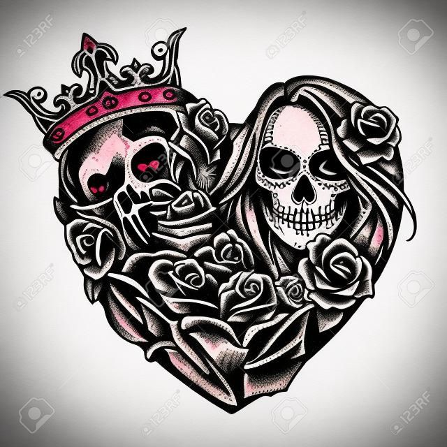 Modello di tatuaggio stile chicano a forma di cuore con teschio in corona dadi pugnale scheletro serpente mano che tiene ragazza rosa con trucco del giorno dei morti in stile vintage illustrazione isolata