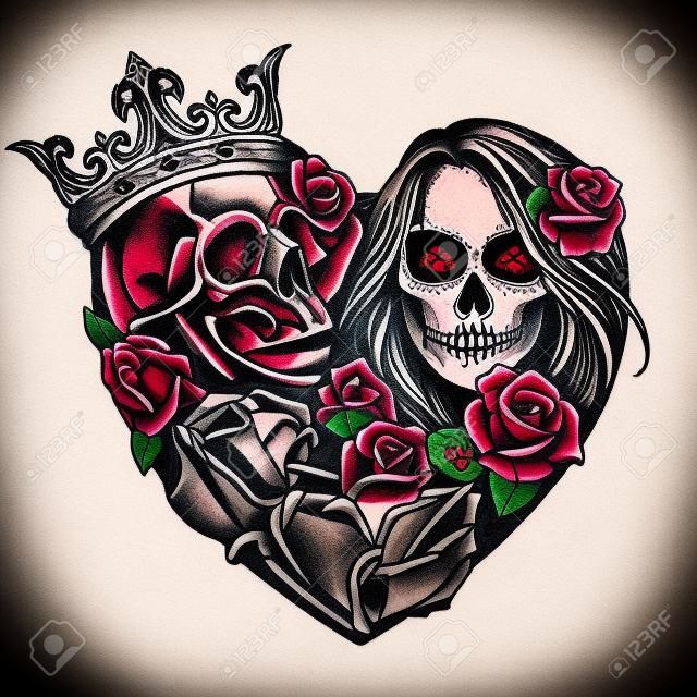 Modelo de tatuagem estilo chicano em forma de coração com crânio na coroa dados dagger cobra esqueleto mão segurando rosa menina com o dia da maquiagem morta no estilo vintage ilustração isolada