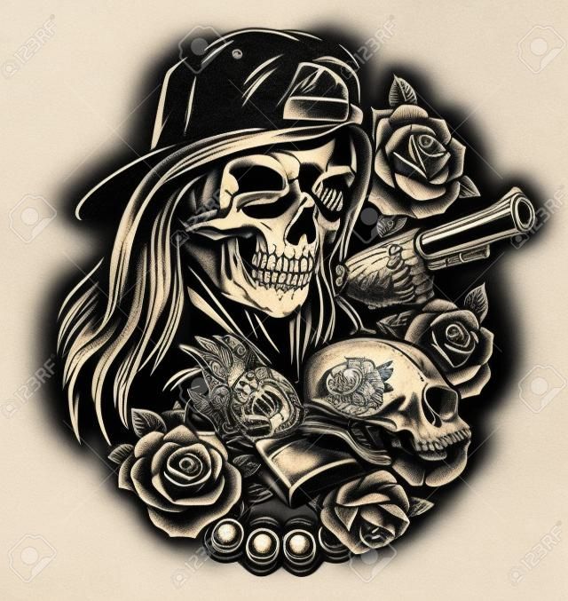Chicano tattoo vintage concept with girl in baseball cap and scary mask cat skull gun roses brass knuckles money banknotes isolated illustration