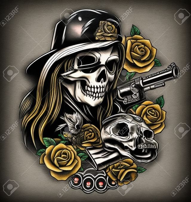 Concept vintage de tatouage chicano avec une fille en casquette de baseball et un masque effrayant crâne de chat pistolet roses coups de poing américain billets de banque illustration isolé