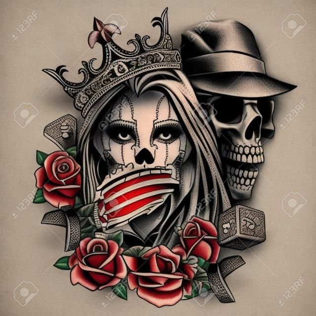 Chicano style tattoo vintage concept with dice roses diamond skeleton in fedora hat covering mouth of girl in ornate crown isolated  illustration