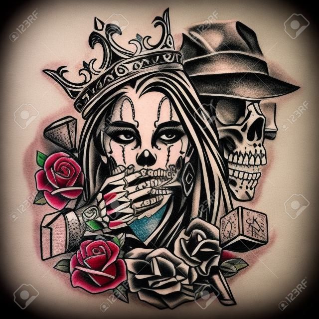 Chicano style tatuaż vintage koncepcja z kostką róże diamentowy szkielet w kapeluszu fedora zakrywającym usta dziewczyny w ozdobnej koronie na białym tle ilustracji