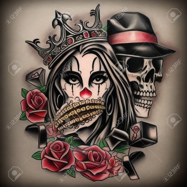 Chicano style tatuaż vintage koncepcja z kostką róże diamentowy szkielet w kapeluszu fedora zakrywającym usta dziewczyny w ozdobnej koronie na białym tle ilustracji