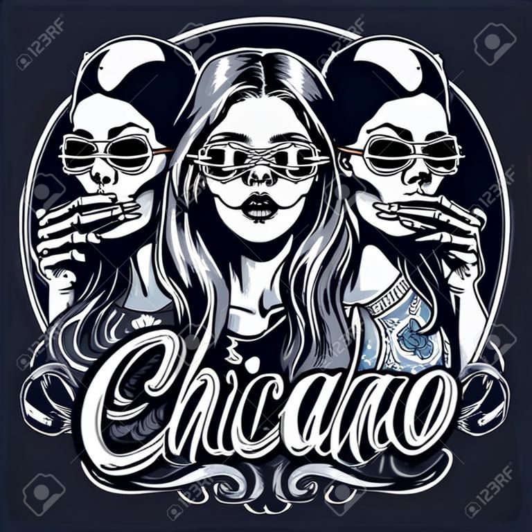 Keine bösen Affen Chicano Tattoo-Vorlage mit Skeletten, die Augen, Ohren, Mund von drei schönen Mädchen im Vintage-Stil bedecken, isolierte Illustration