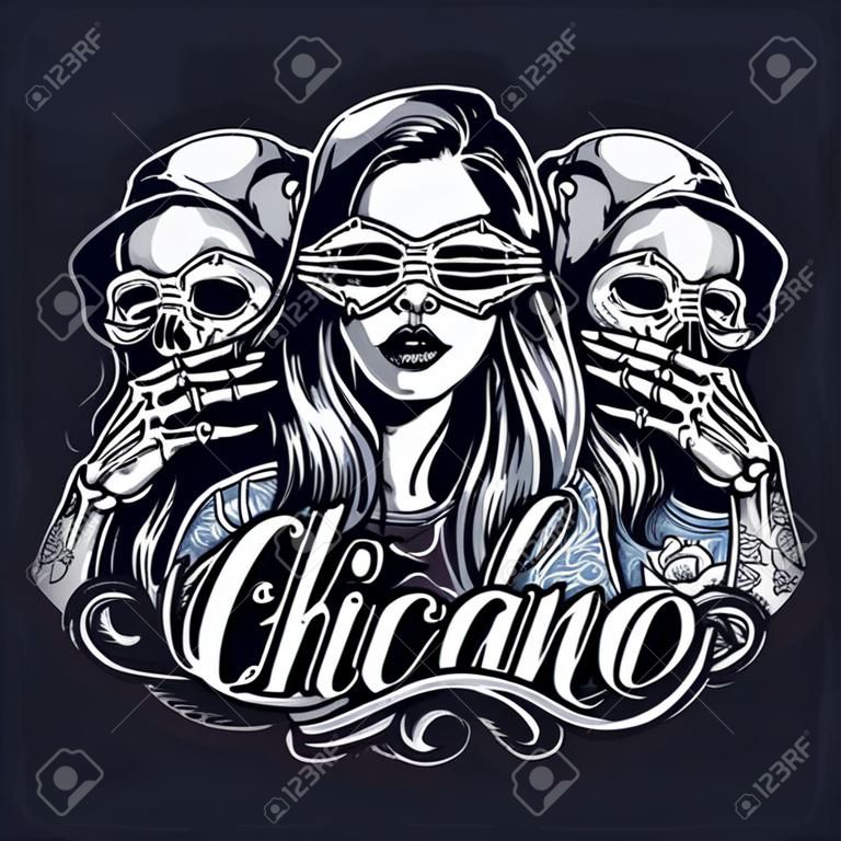 Brak szablonu tatuażu Evil Monkeys chicano ze szkieletami zakrywającymi oczy uszy usta trzech pięknych dziewczyn w stylu vintage na białym tle ilustracji