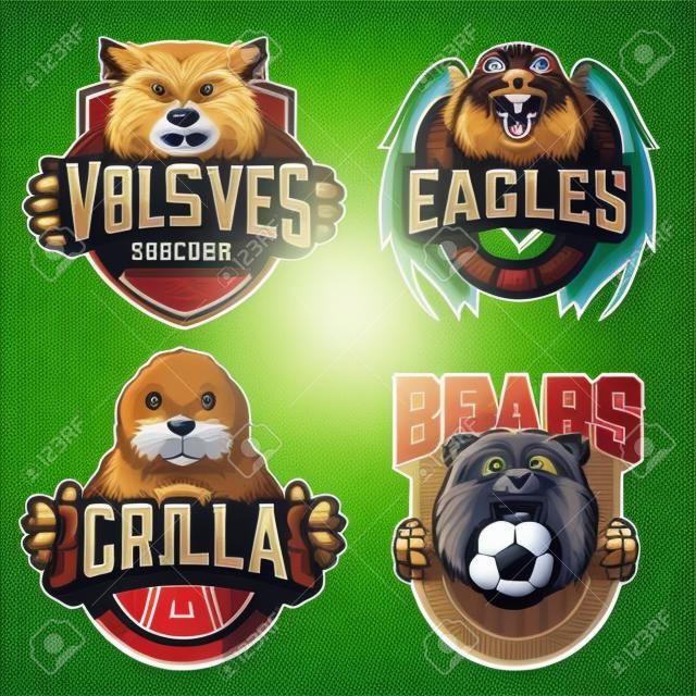 Fußball- und Baseballteams Vintage-Abzeichen mit wütenden Tiermaskottchen und Sportvereinen Namensinschriften auf hellem Hintergrund isolierte Vektorillustration