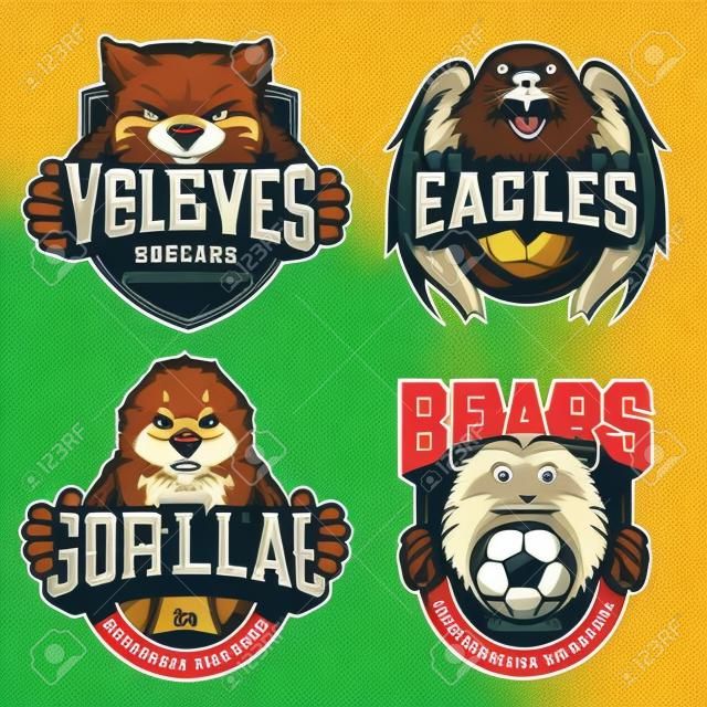 Distintivi vintage di squadre di calcio e baseball con mascotte di animali arrabbiati e iscrizioni di nomi di club sportivi su sfondo chiaro illustrazione vettoriale isolato