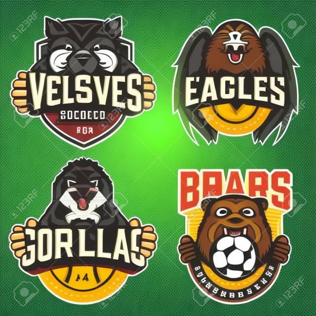 Fußball- und Baseballteams Vintage-Abzeichen mit wütenden Tiermaskottchen und Sportvereinen Namensinschriften auf hellem Hintergrund isolierte Vektorillustration