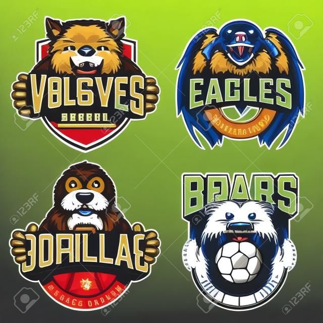 Distintivi vintage di squadre di calcio e baseball con mascotte di animali arrabbiati e iscrizioni di nomi di club sportivi su sfondo chiaro illustrazione vettoriale isolato