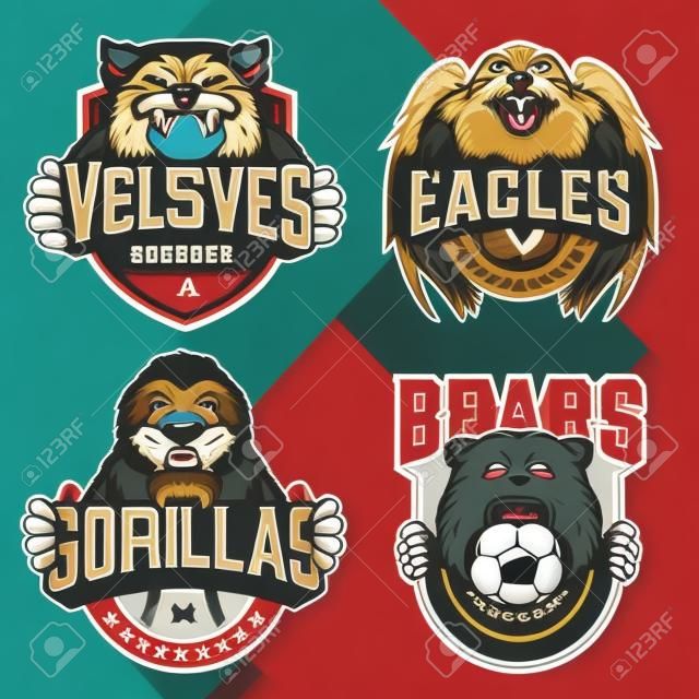 Equipos de fútbol y béisbol insignias vintage con mascotas de animales enojados e inscripciones de nombres de clubes deportivos sobre fondo claro aislado ilustración vectorial