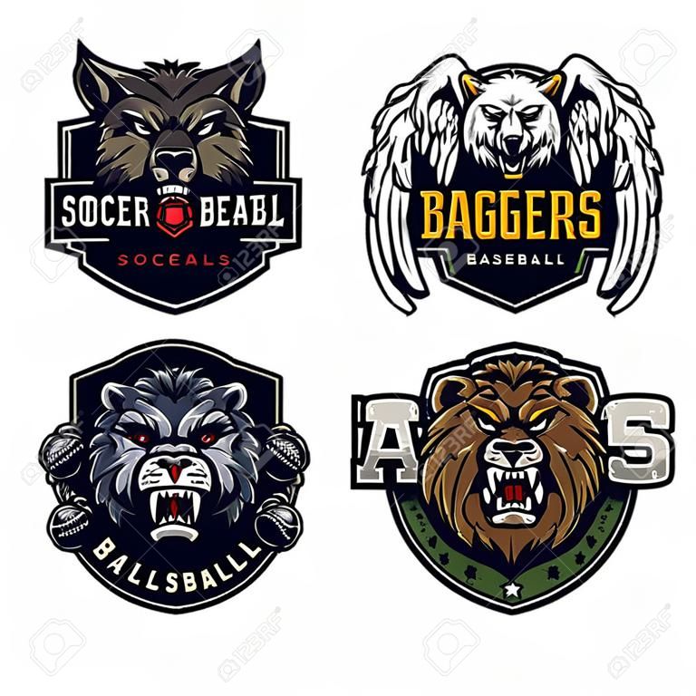 Equipos de fútbol y béisbol insignias vintage con mascotas de animales enojados e inscripciones de nombres de clubes deportivos sobre fondo claro aislado ilustración vectorial