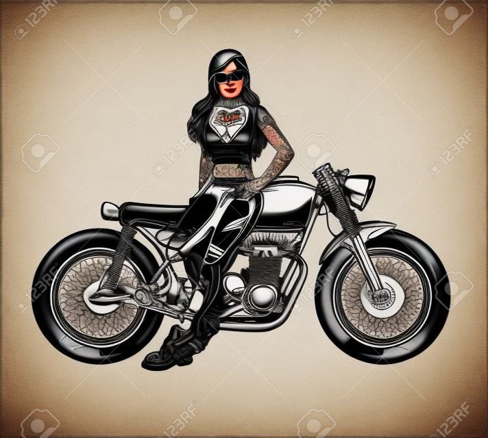 Vintage-Motorrad-Konzept von hübschen Biker-Mädchen mit Tätowierungen, die in der Nähe des Motorrads stehen, isolierte Vektorillustration