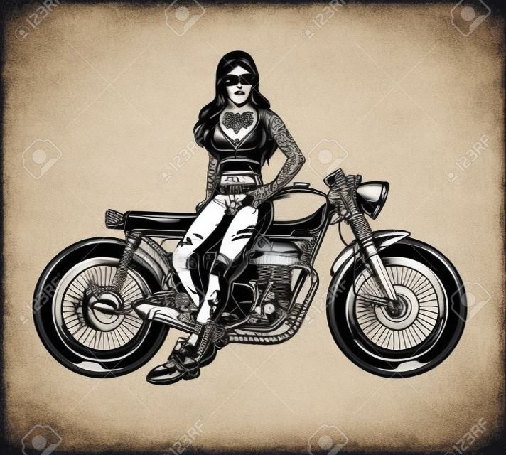 Vintage-Motorrad-Konzept von hübschen Biker-Mädchen mit Tätowierungen, die in der Nähe des Motorrads stehen, isolierte Vektorillustration