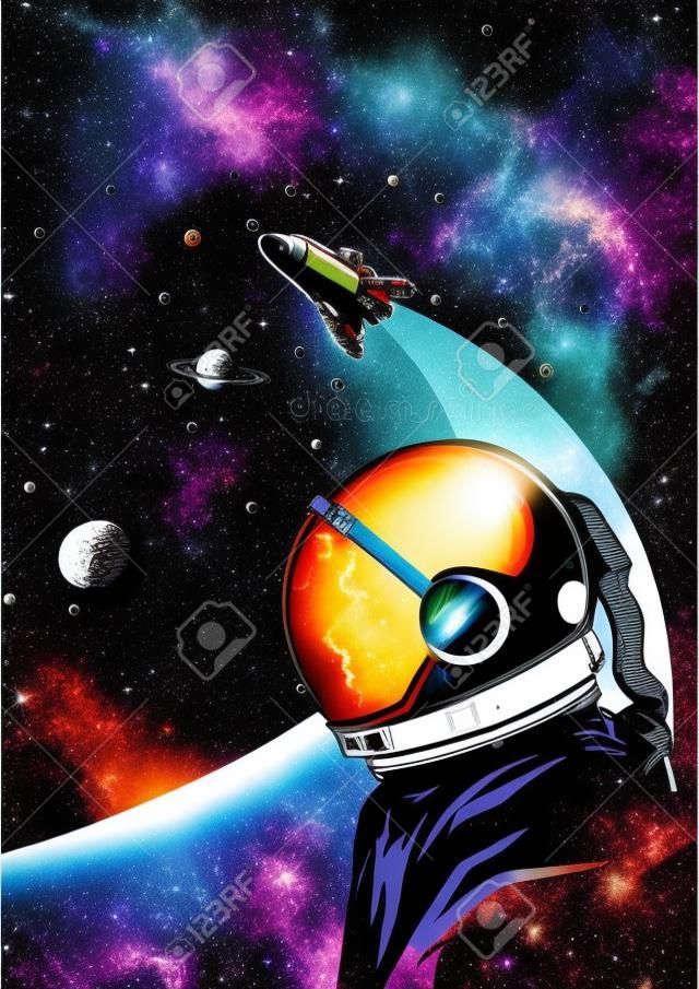Vintage galaxy colorful poster with astronaut in outer space and flying shuttle on cosmic background vector illustration
