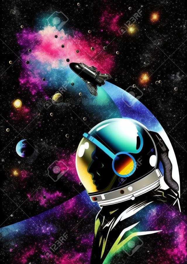 Affiche colorée de galaxie vintage avec astronaute dans l'espace et navette volante sur illustration vectorielle de fond cosmique