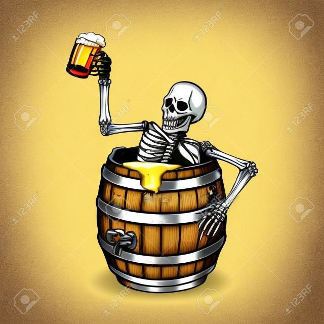 Vintage warzenia kolorowa koncepcja z pijanym szkieletem siedzącym w drewnianej beczce po piwie i trzymającym kubek pełen spienionego napoju na białym tle ilustracji wektorowych