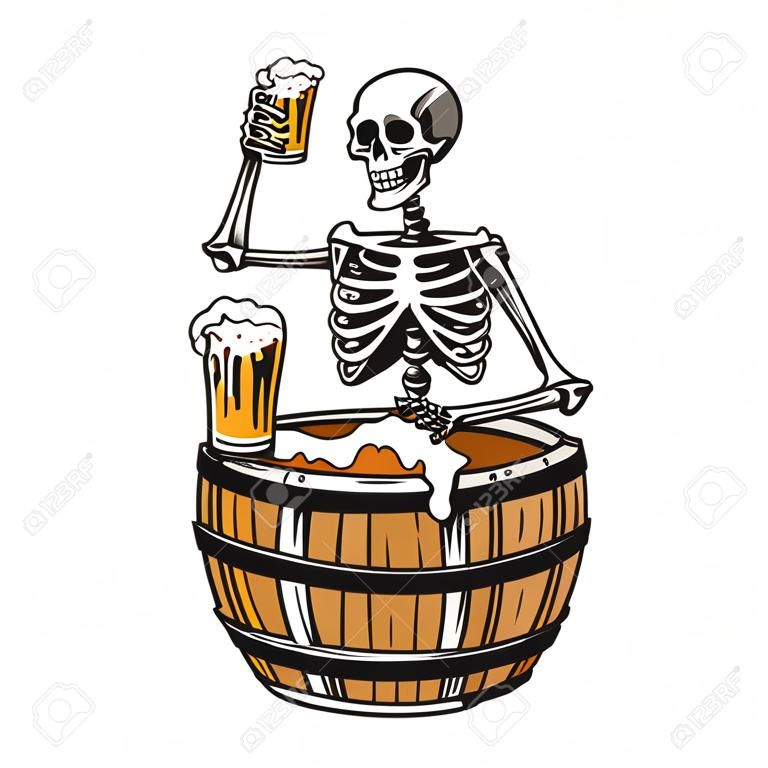 ビールの木製樽に座って、泡の飲み物の孤立したベクトルイラストでいっぱいのマグカップを保持して、酔っ払った骨格とヴィンテージ醸造カラフルなコンセプト