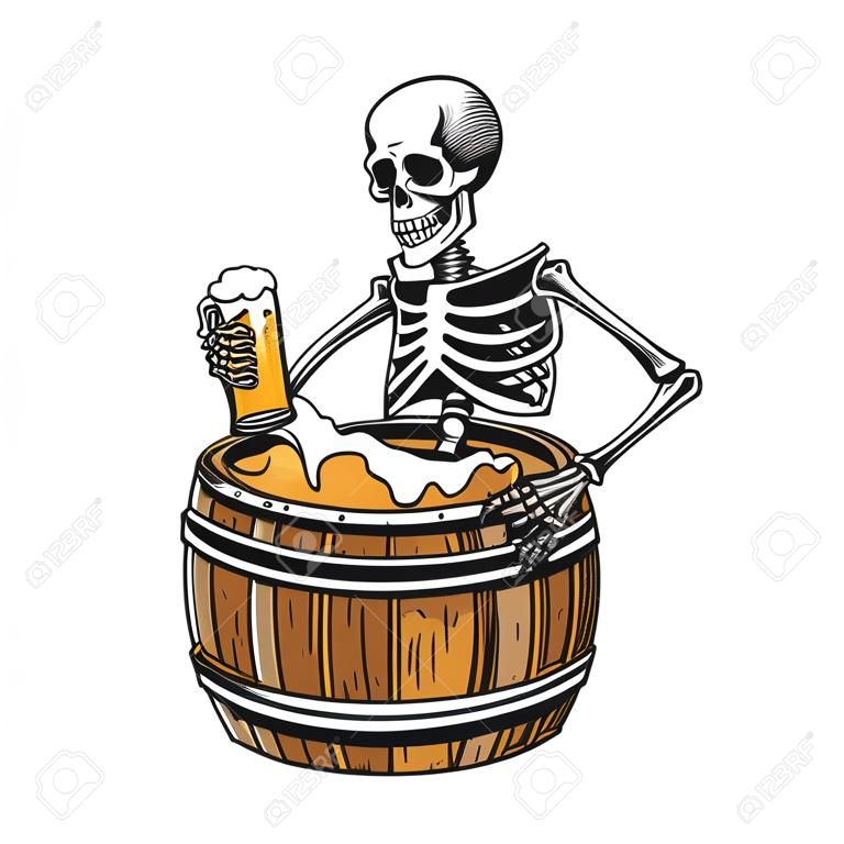 Vintage brauen buntes Konzept mit betrunkenem Skelett, das in einem Bierholzfass sitzt und einen Becher voller schaumiges Getränk hält, isolierte Vektorillustration