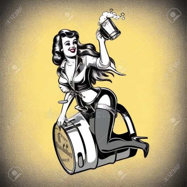 Pin up meisje zittend op biervat en houden mok vol schuimige verse drank in vintage monochrome stijl geïsoleerde vector illustratie