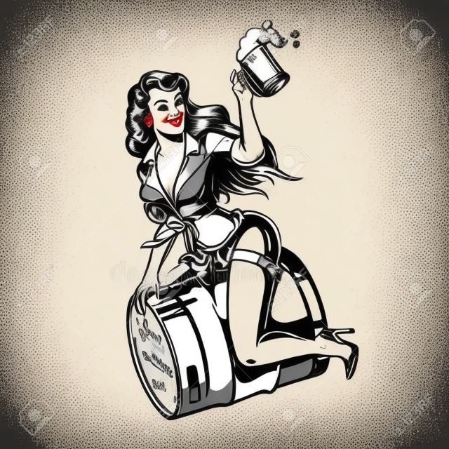 Pin encima de la muchacha sentada en el barril de cerveza y sosteniendo la taza llena de bebida fresca espumosa en la ilustración de vector aislado estilo monocromo vintage