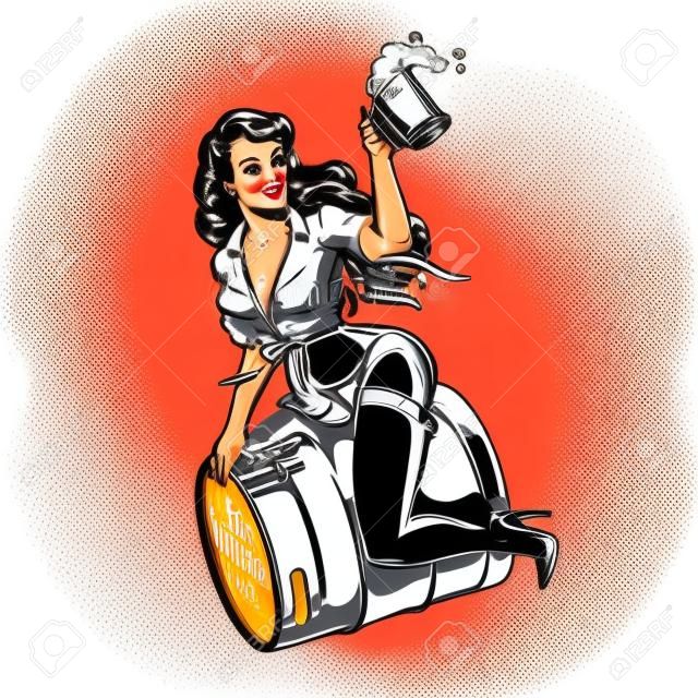 Pin up girl sitting on beer keg and holding mug full of foamy fresh drink in vintage monochrome style isolated vector illustration